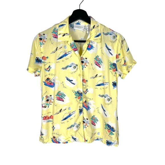 Vintage Tops - Vintage 90s Yellow Travel Print Button Up Short Sleeve Top Small